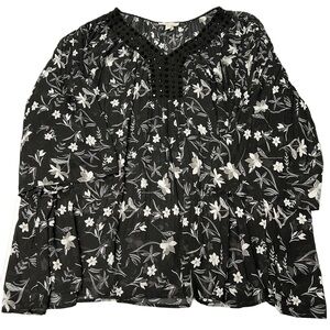 Woman Within Tunic Top 3X Floral V Neck‎ 3/4 Bell Slvs Beaded Semi Sheer